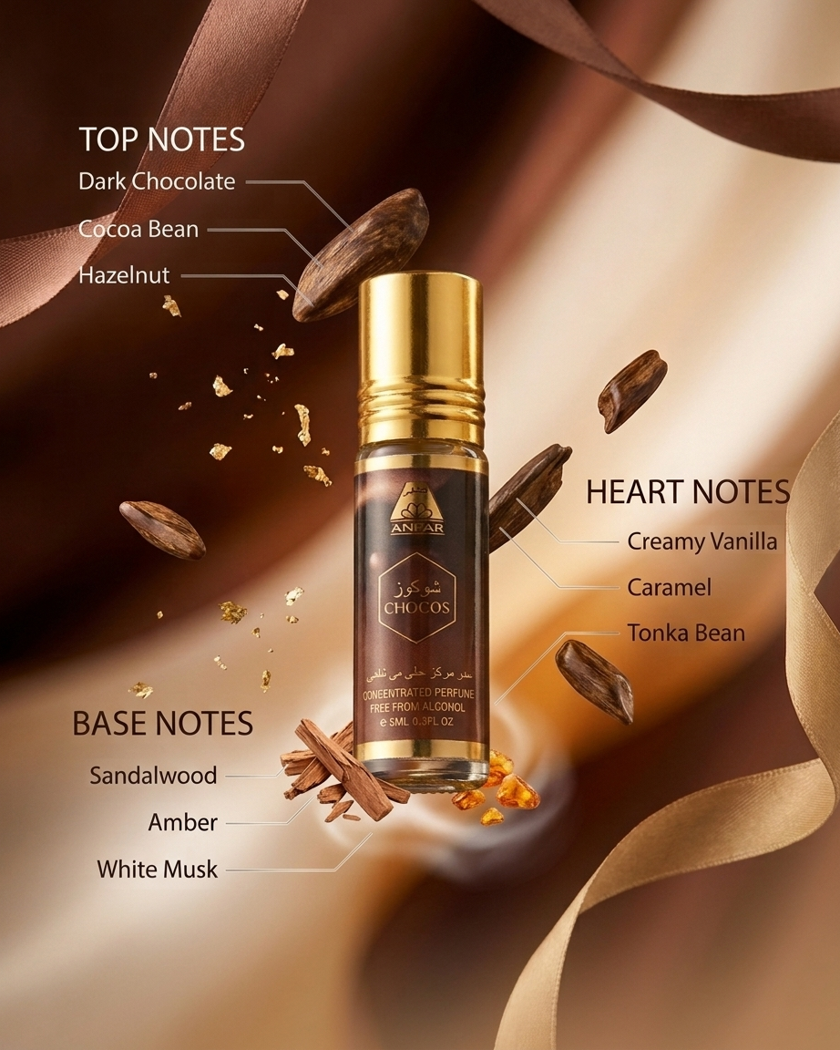 ANFAR CHOCOS Premium Concentrated Perfume Oil Roll On | Pack of 6 x 6ml | Long Lasting | Non Alcoholic Attar